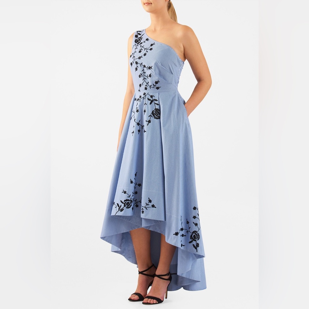 Eshakti Cotton Pinstripe Blue White One Shoulder Floral Embroidered Maxi Dress